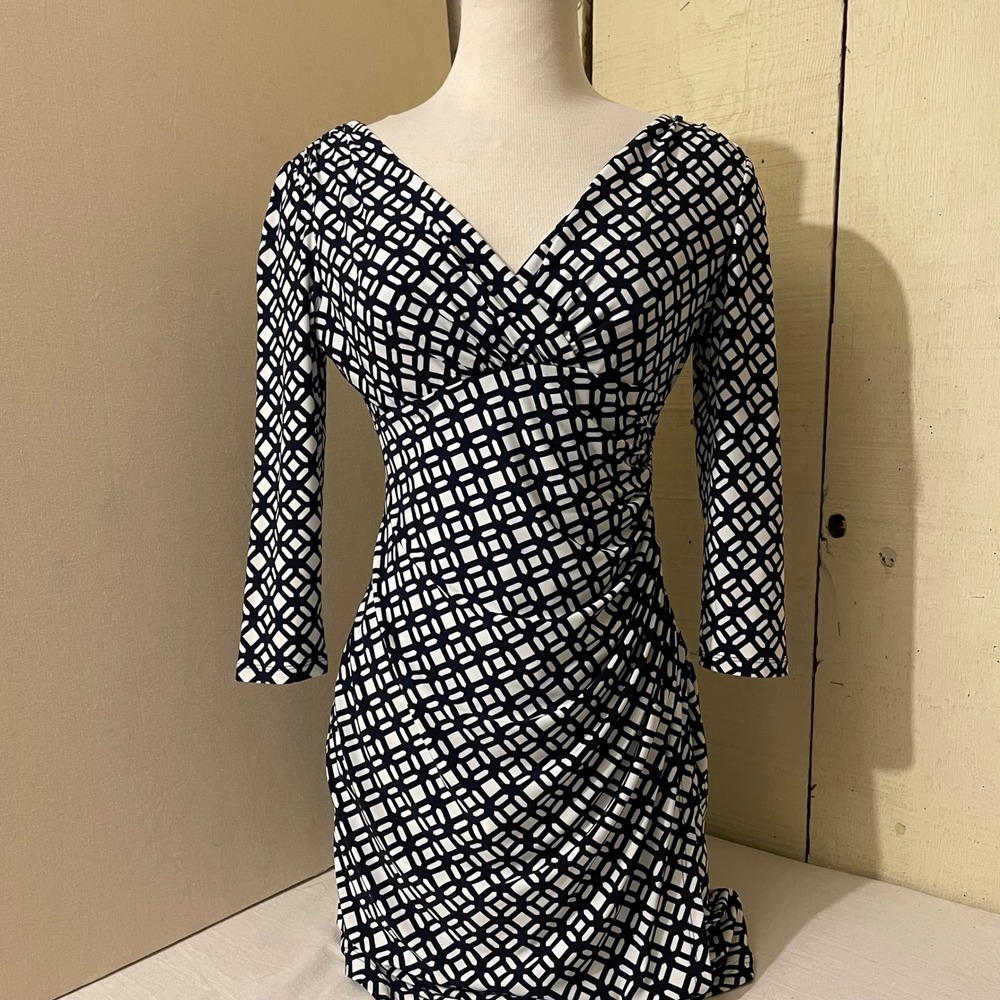 Lauren Ralph Lauren Womens 6P Ruched Sheath Dress‎ 3/4 Sleeve V-Neck Navy White